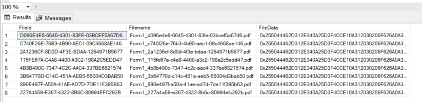 Image Showing PDF in SQL Database Sample Records.